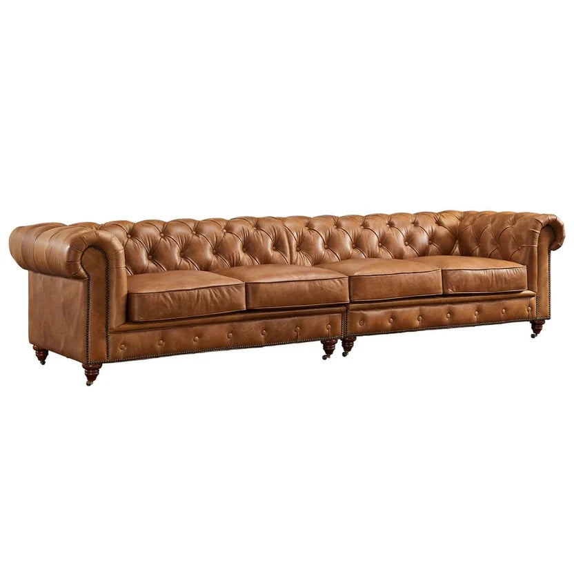 Buffalo Leather  Chesterfield Sofa - Light Brown Leather - 120" - Image 3