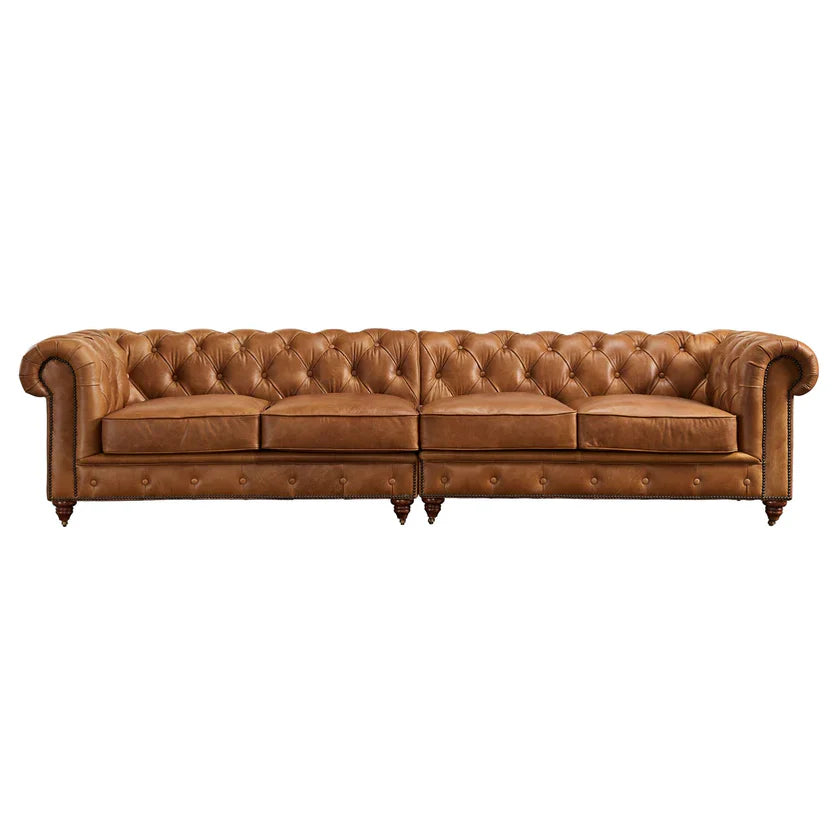 Buffalo Leather  Chesterfield Sofa - Light Brown Leather - 120" - Image 4