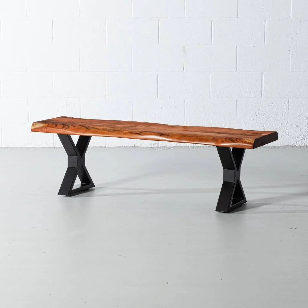 Acacia Live Edge Wood Bench with Black X-shaped Legs/Natural Color - Image 3