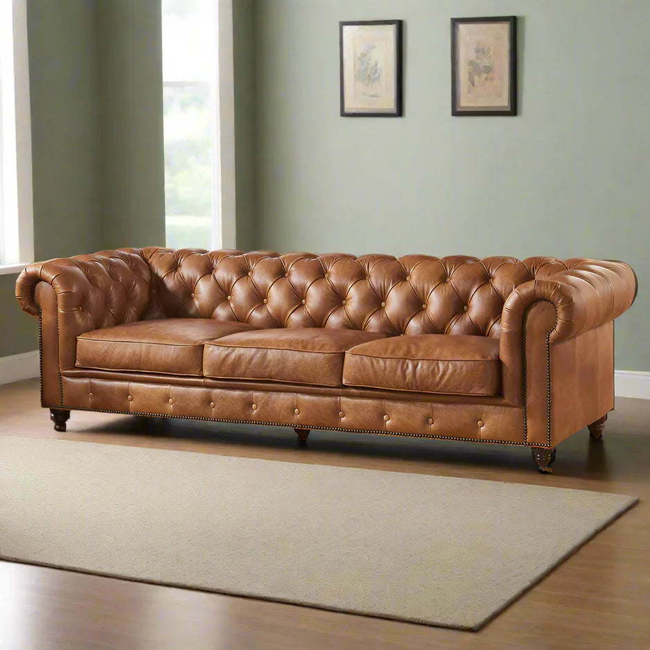 Buffalo Leather Chesterfield Sofa - Light Brown Leather - Image 2