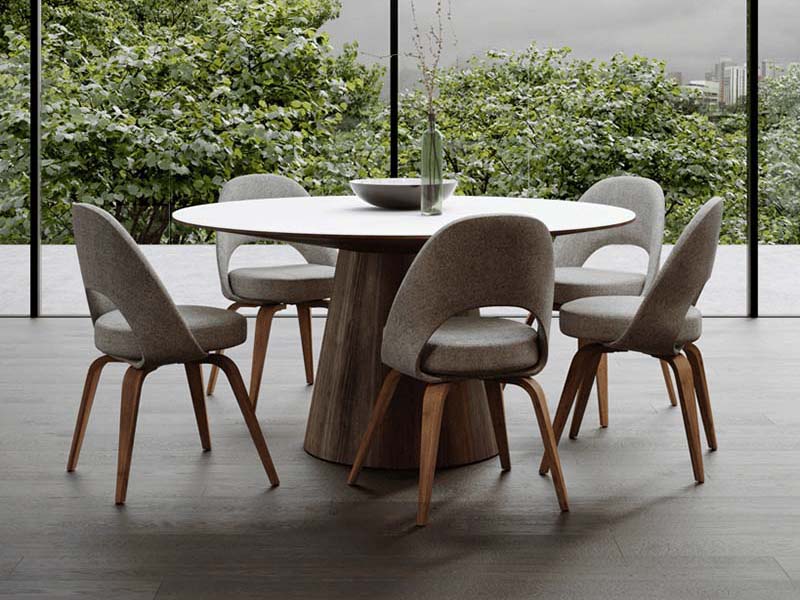 Brown Wooden Dining Table High Gloss White Lacquer with Clear Glass Top Round Dining Table - Image 2
