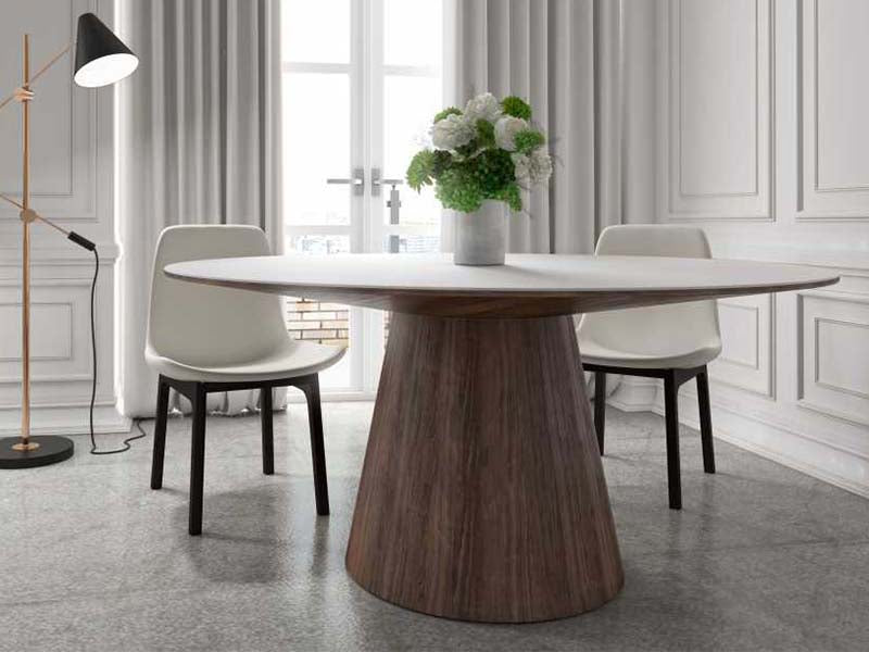 Brown Wooden Dining Table High Gloss White Lacquer with Clear Glass Top Round Dining Table - Image 3