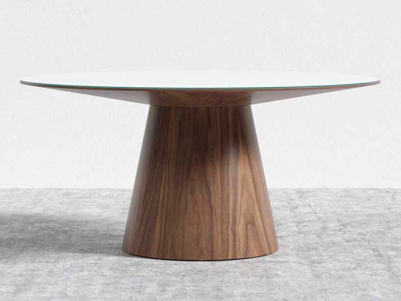 Brown Wooden Dining Table High Gloss White Lacquer with Clear Glass Top Round Dining Table - Image 4