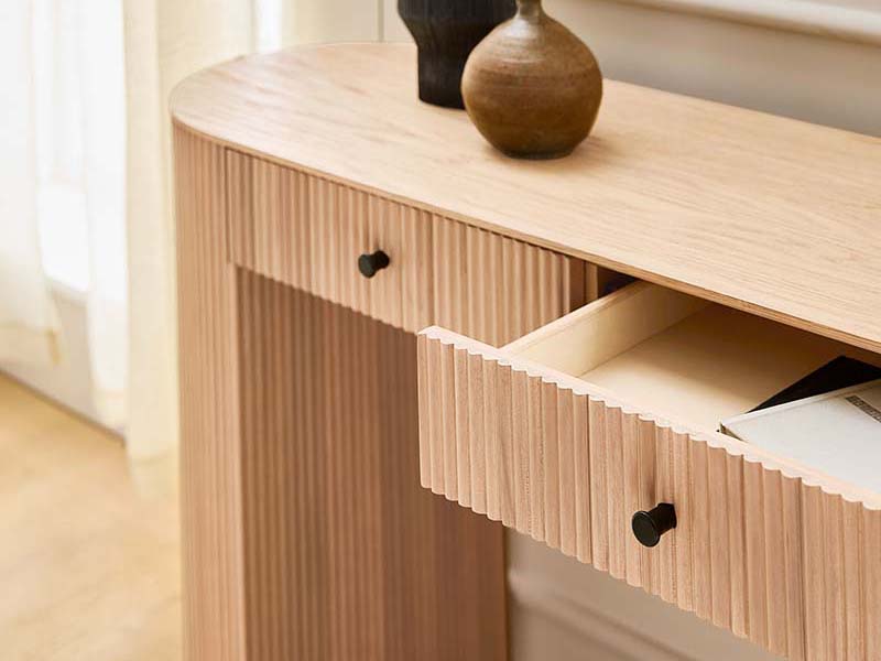Oak Veneer Over Engineered Wood Top and Sides Console Covered in a Blonde finish Wood Console With Drawers - Image 5