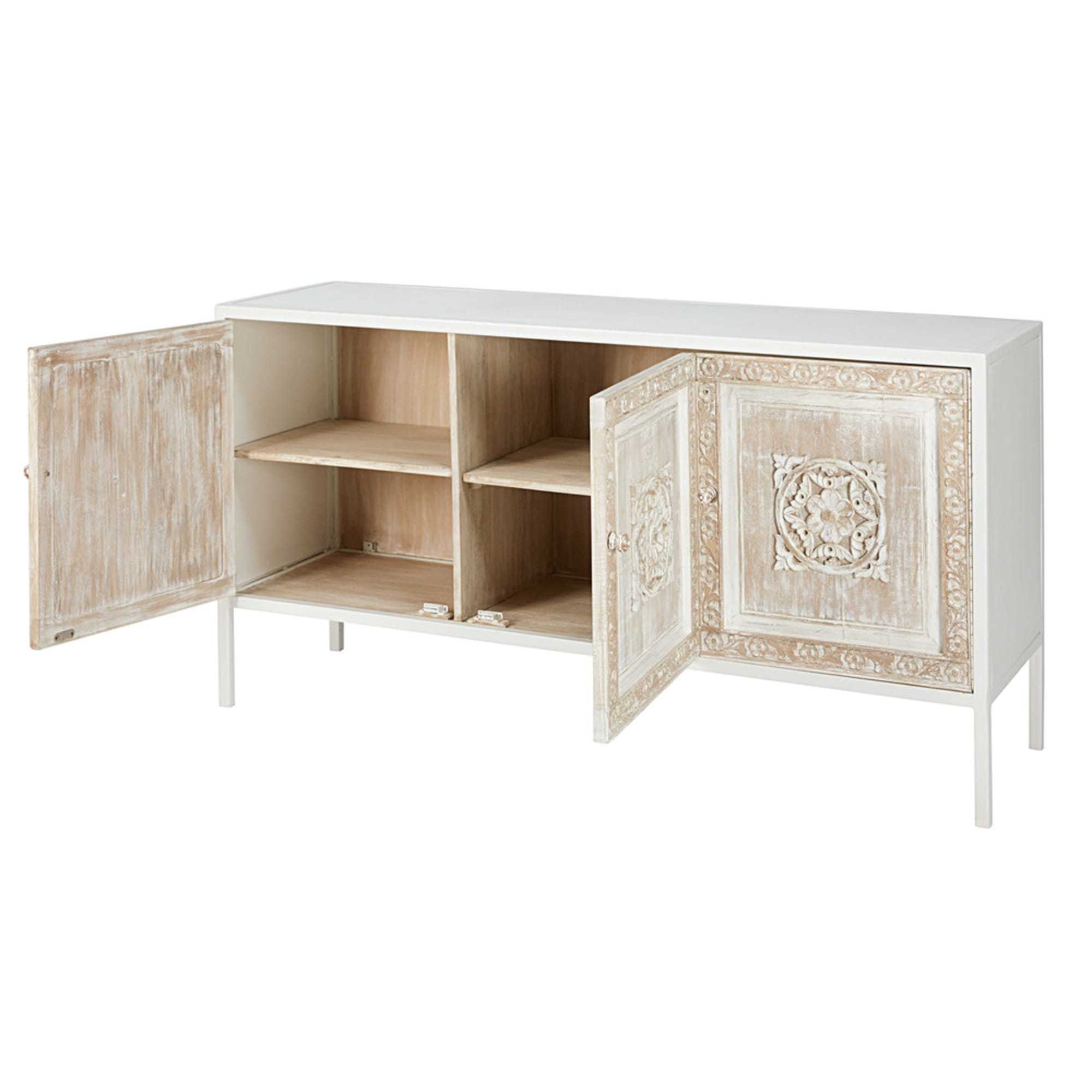 White Metal & Sculpted Mango Wood 3-Door Sideboard - Image 2