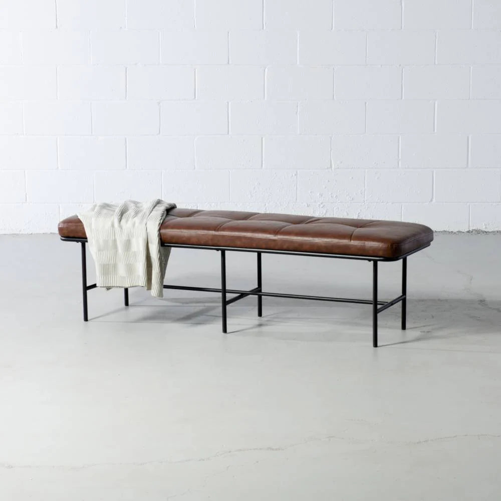 MILAN - Vintage Brown Leather Bench w/ Black Metal Legs - Image 4