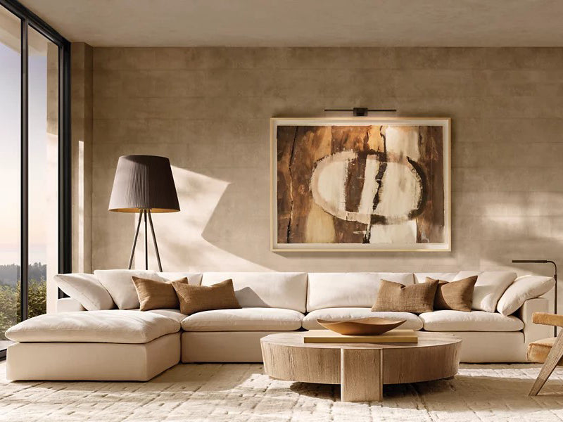 Modern White Linen Fabric and Feather Sofa with 4 Seats