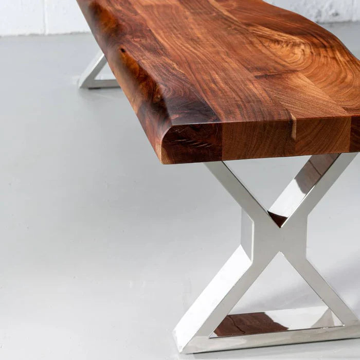 Acacia Live Edge Wood Bench with Chrome X-shaped Legs/Natural Finish - Image 3