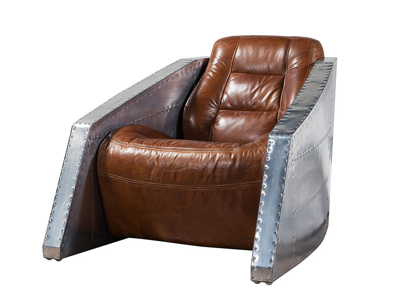 Aviator Air Plane Leather Armchair,Wood Frame+High Density Foam+Vintage Real Leather+ Stainless Steel - Image 3