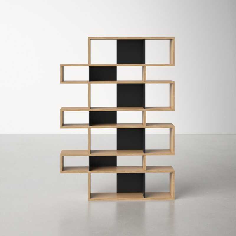 Oak and Pure Black Kamari Geometric Bookcase - Image 2