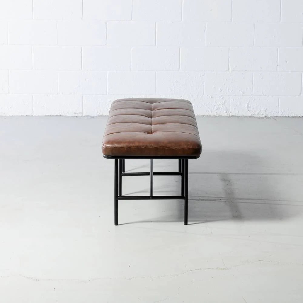 MILAN - Vintage Brown Leather Bench w/ Black Metal Legs - Image 5