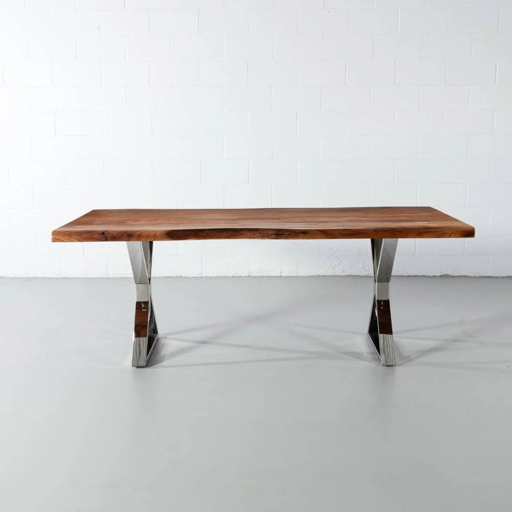 Acacia Live Edge Wood Table with Chrome X Legs/Natural Color - Image 6
