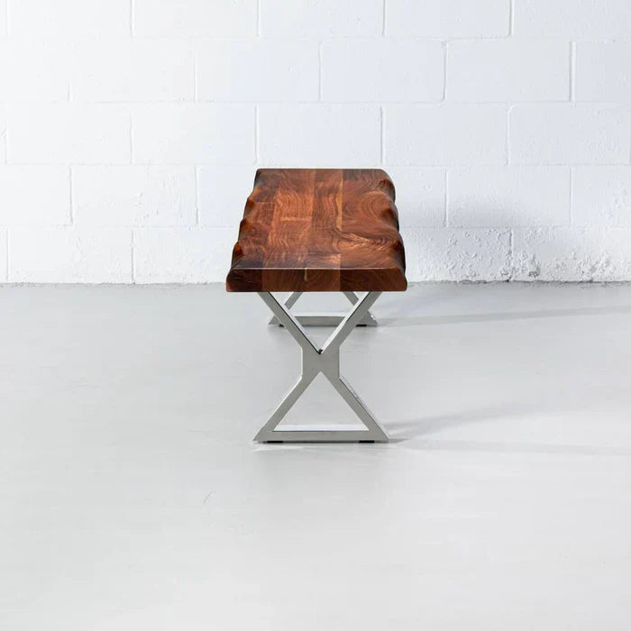 Acacia Live Edge Wood Bench with Chrome X-shaped Legs/Natural Finish - Image 4