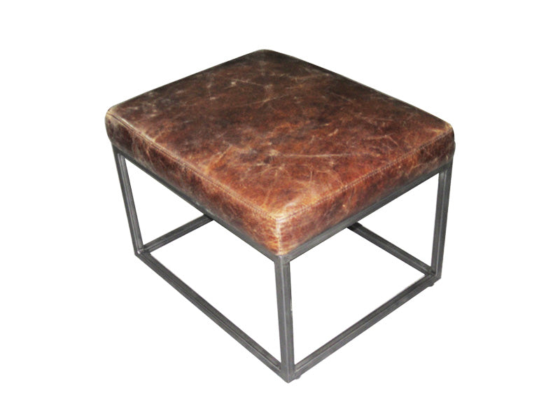Brown Ottoman,Vintage Leather Ottoman,Living Room Ottoman,Metal Frame Ottoman - Image 2