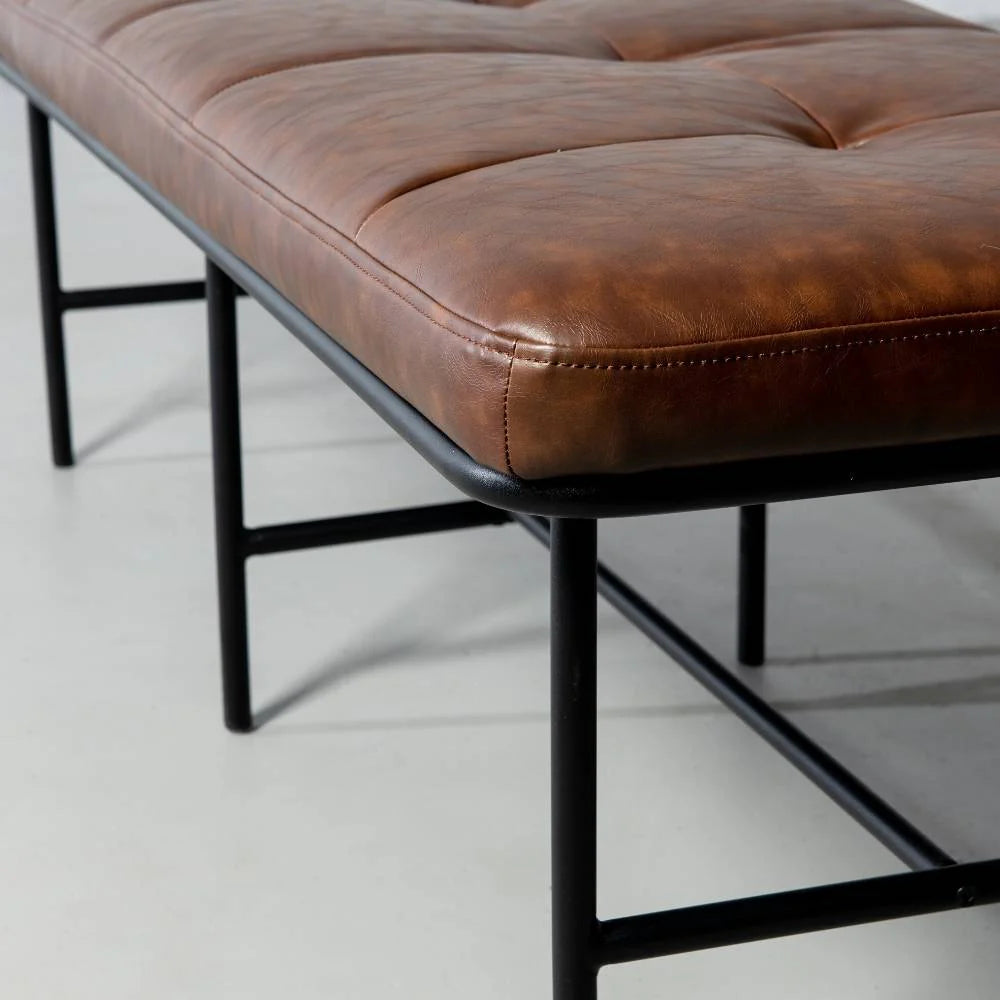 MILAN - Vintage Brown Leather Bench w/ Black Metal Legs - Image 2