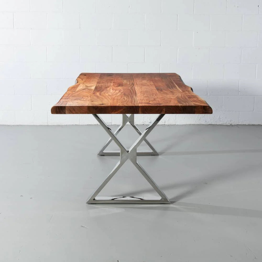 Acacia Live Edge Wood Table with Chrome X Legs/Natural Color - Image 5