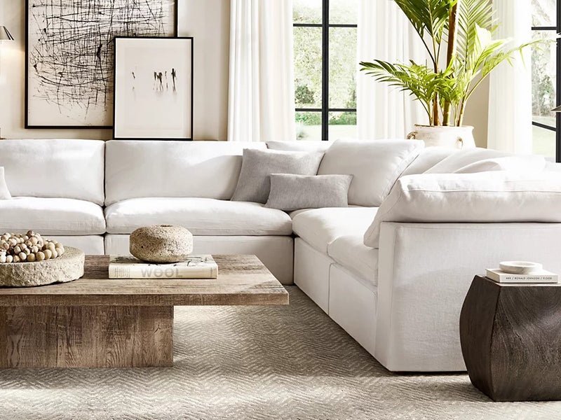 Modern White Linen Fabric and Feather Sofa with 6 Seaters