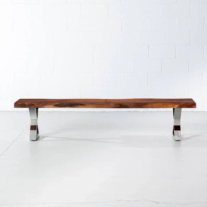 Acacia Live Edge Wood Bench with Chrome X-shaped Legs/Natural Finish - Image 2