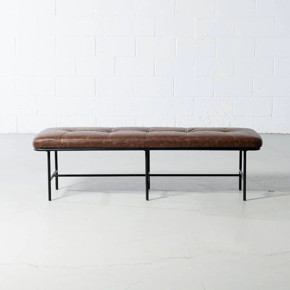 MILAN - Vintage Brown Leather Bench w/ Black Metal Legs - Image 6