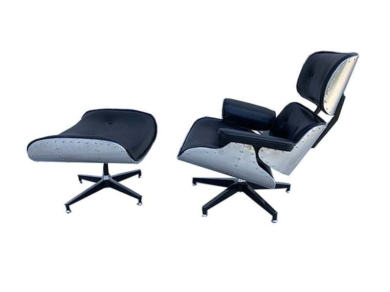 Midcentury Lounge Chair And Ottoman Set Aluminum Leather Recliner Chair - Image 2