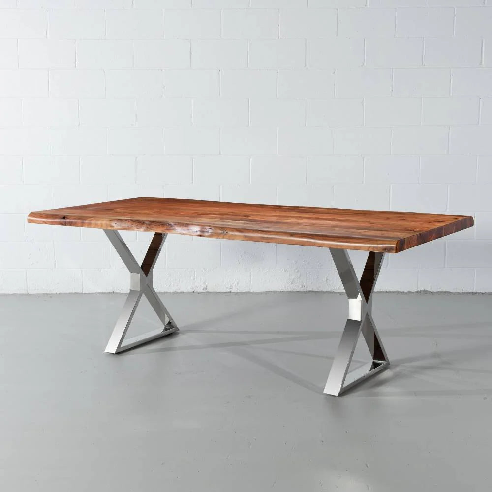 Acacia Live Edge Wood Table with Chrome X Legs/Natural Color - Image 4