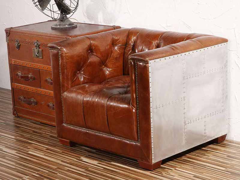 Aviator Aluminum Tufted Leather Armchair,Wood Frame+High Density Foam+Vintage Real Leather+ Aluminum Cover - Image 4