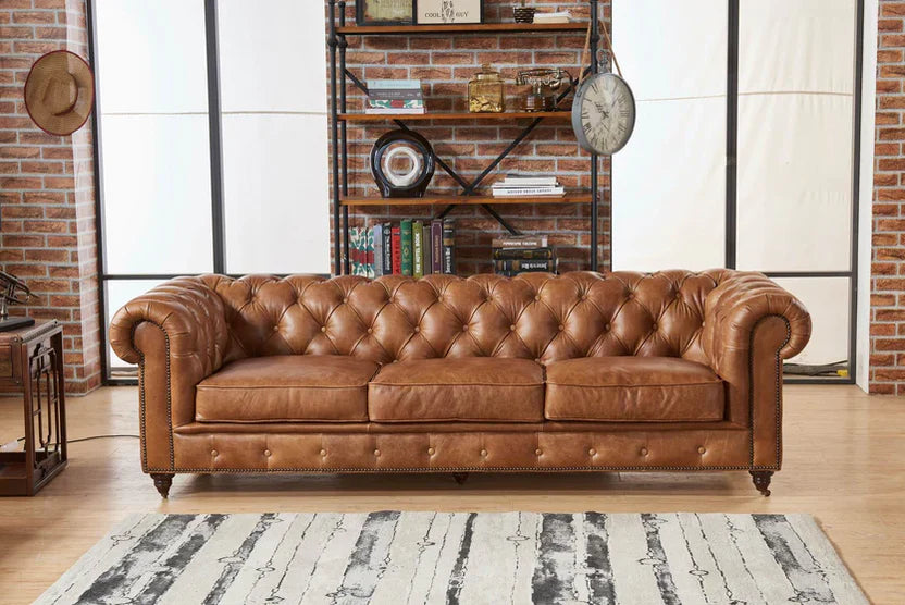 Buffalo Leather Chesterfield Sofa - Light Brown Leather - Image 5
