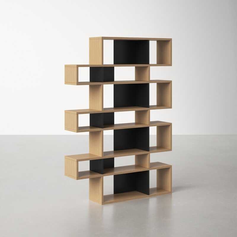 Oak and Pure Black Kamari Geometric Bookcase - Image 3