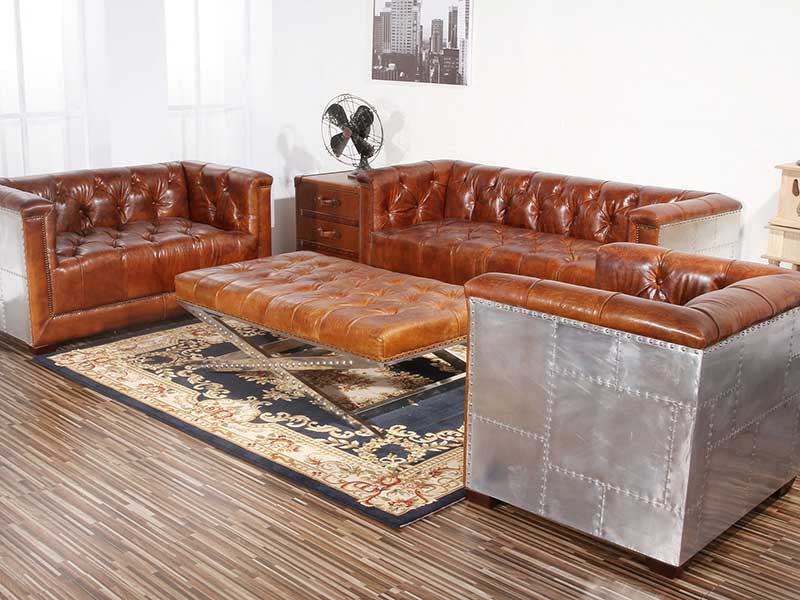 Aviator Aluminum Tufted Leather Armchair,Wood Frame+High Density Foam+Vintage Real Leather+ Aluminum Cover - Image 5