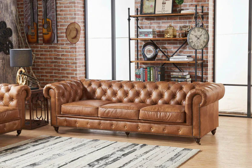 Buffalo Leather Chesterfield Sofa - Light Brown Leather - Image 6