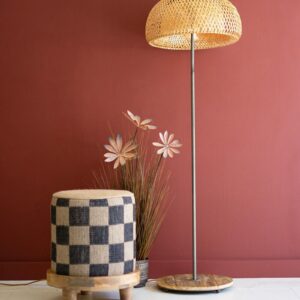 Metal and Wood Floor Lamp with Woven Cane Shade