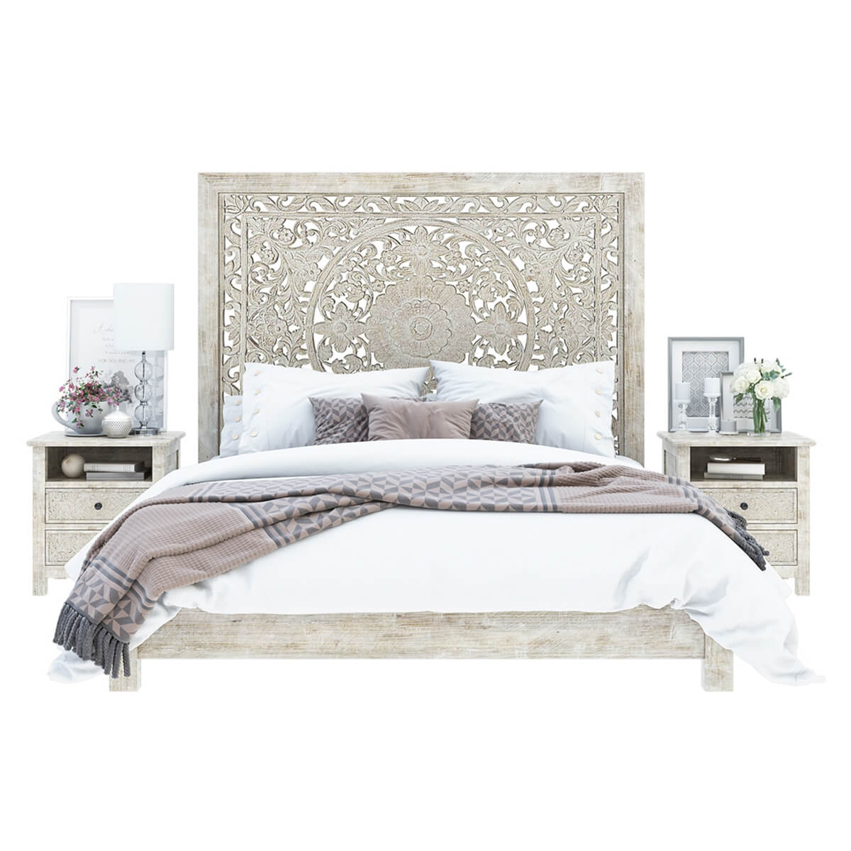 Hand-carved Platform Bed With Moroccan Style Headboard - Image 5