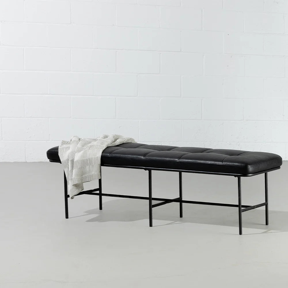 MILAN - Vintage Black Leather Bench w/ Black Metal Legs - Image 3
