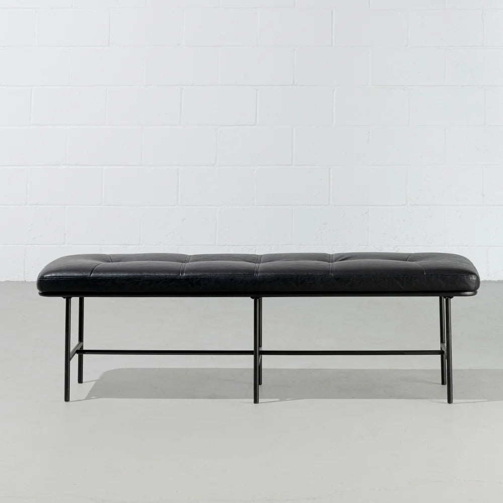 MILAN - Vintage Black Leather Bench w/ Black Metal Legs - Image 5