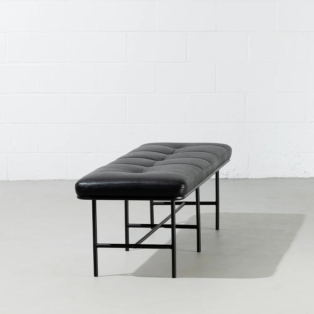 MILAN - Vintage Black Leather Bench w/ Black Metal Legs - Image 4