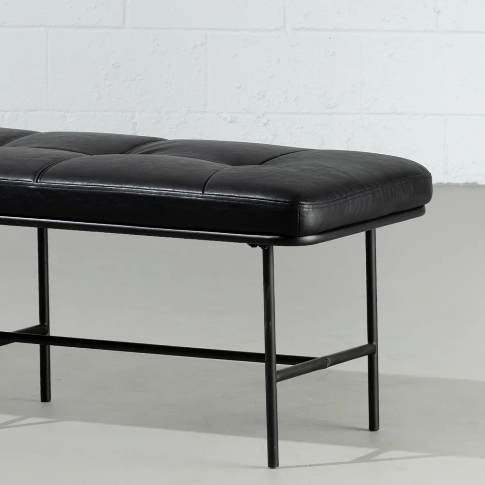 MILAN - Vintage Black Leather Bench w/ Black Metal Legs - Image 2