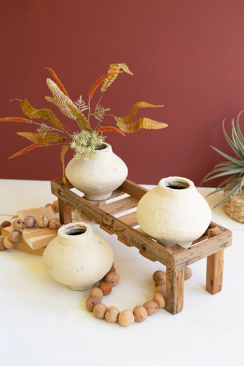 Three Paper Mache Pots on a Recycled Wood Base - Image 2