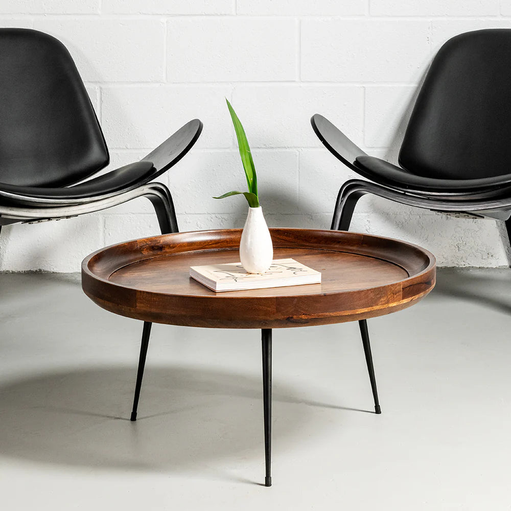 SELMA - Walnut Mango Wood Modern Round Coffee Table With Metal Legs - Image 2