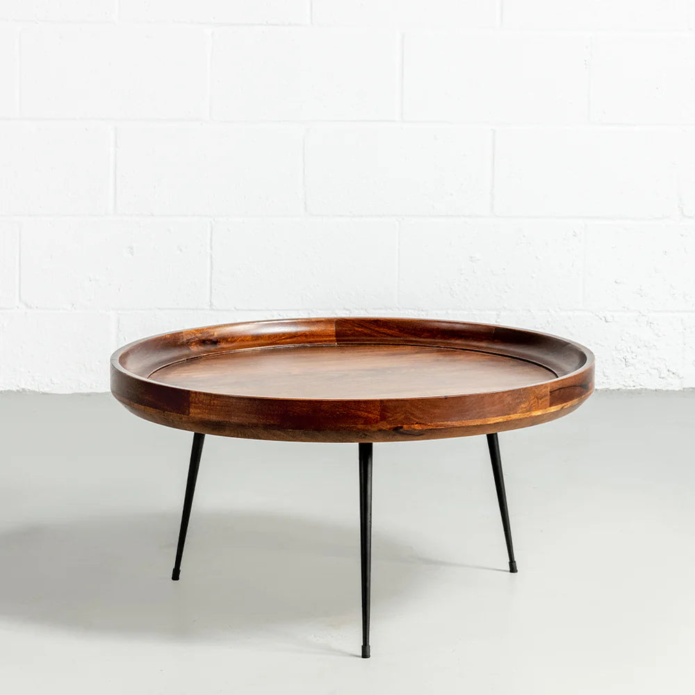 SELMA - Walnut Mango Wood Modern Round Coffee Table With Metal Legs - Image 4