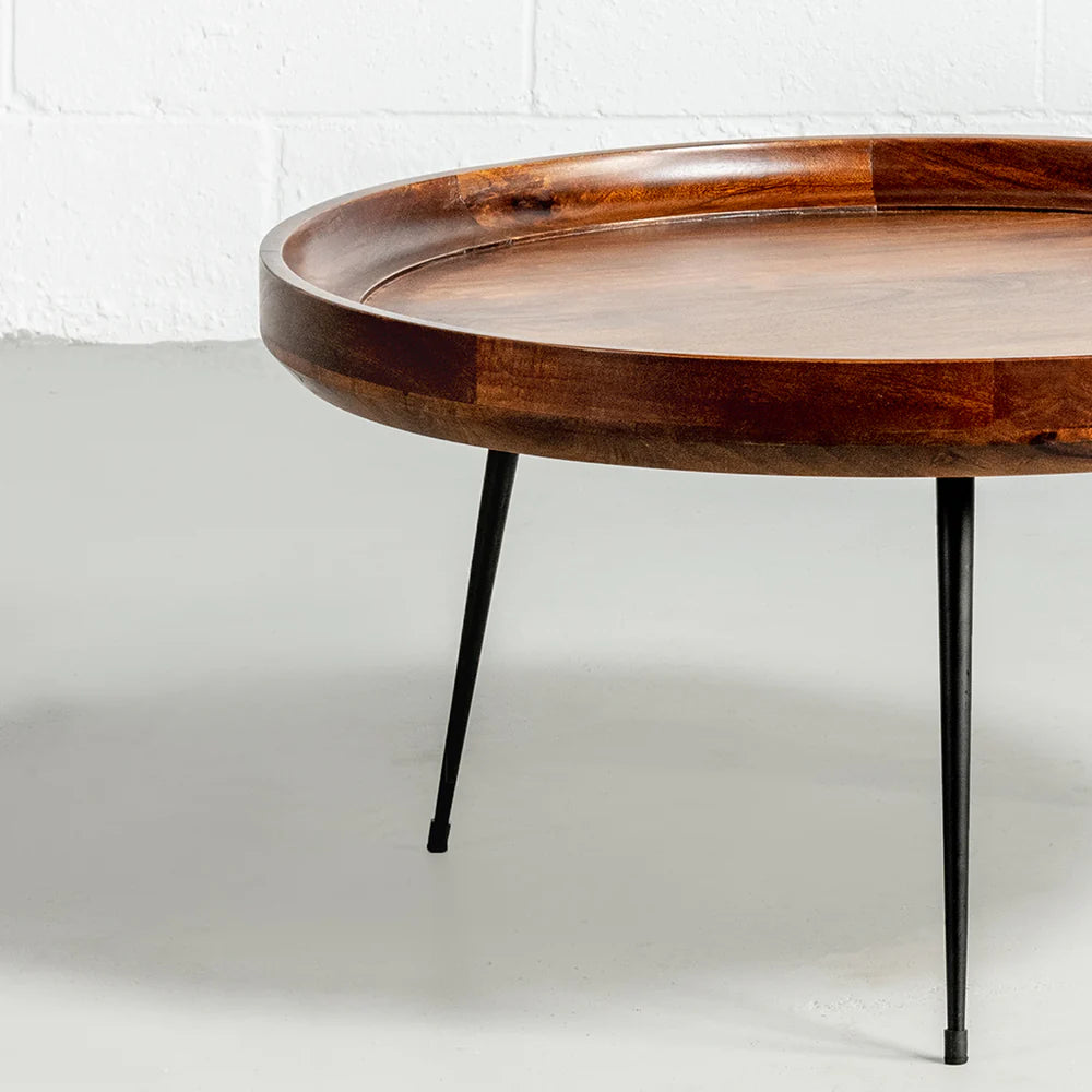 SELMA - Walnut Mango Wood Modern Round Coffee Table With Metal Legs - Image 3
