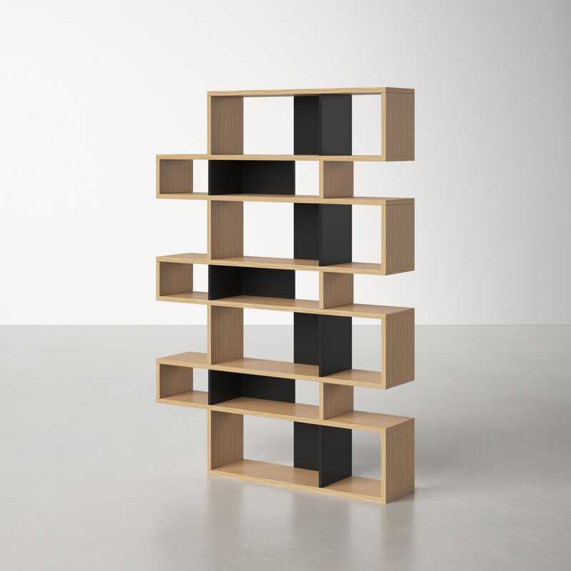 Oak and Pure Black Kamari Geometric Bookcase - Image 4